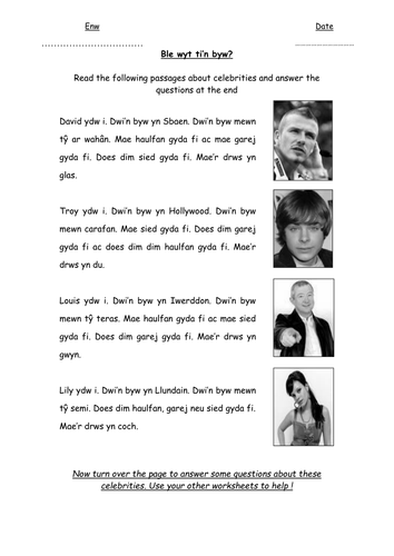 Ble wyt ti'n byw reading comprehension