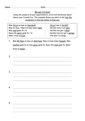 Ble wyt ti'n byw - writing in 3rd person