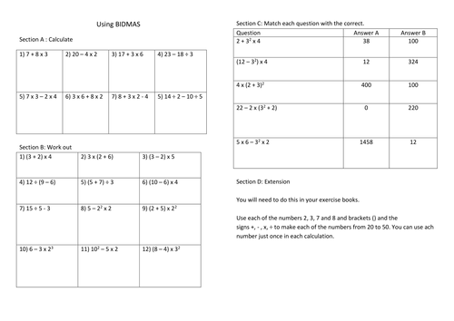 maths worksheet number operations using bidmas by janperr teaching