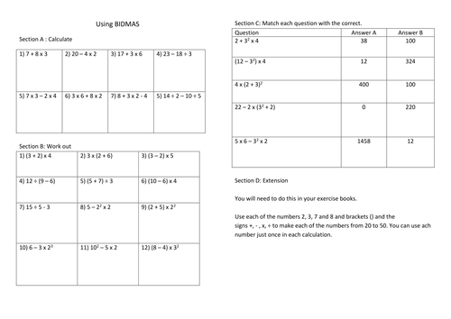Maths worksheet: Number Operations Using BIDMAS