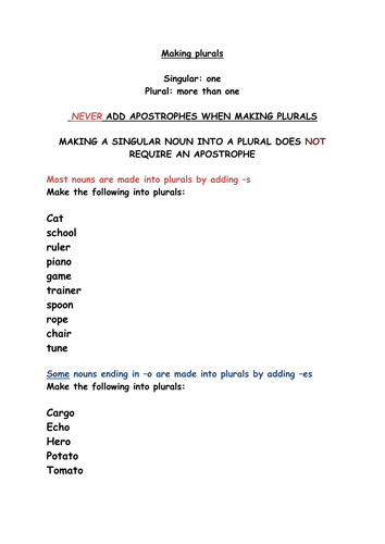 Making plurals spelling worksheet