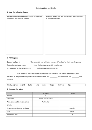 Current, Voltage and Circuits HW Sheet