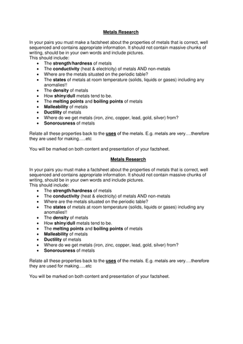 Metals research sheet