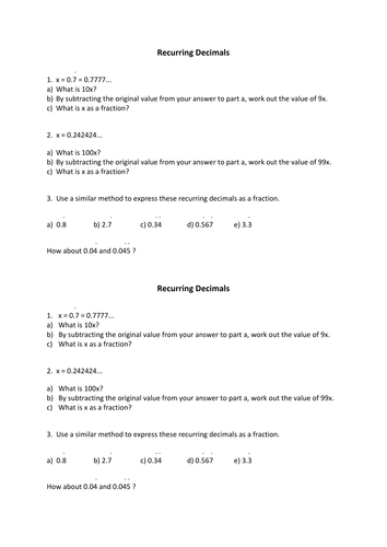 Recurring Decimals structured worksheet
