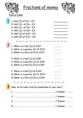 Fractions of money worksheet