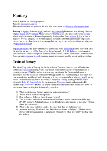 Fantasy genre explanation from wikipedia and quest