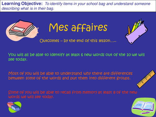 Mes Affaires - items in a school bag