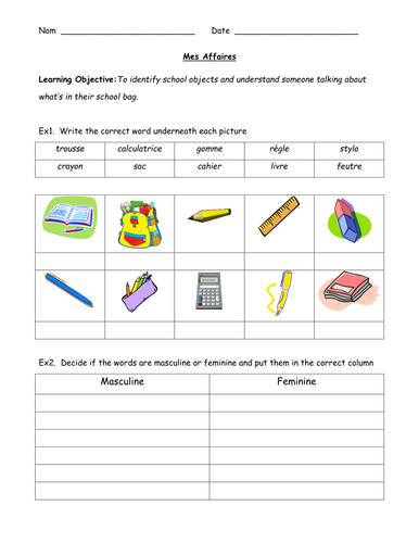 French Worksheet: My Stuff