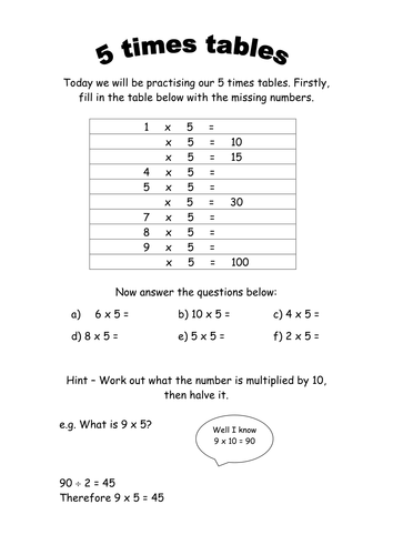 5 x tables activities and worksheets