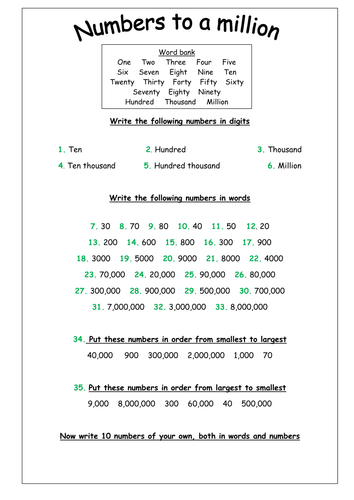 Ordering Numbers Up To 1 Million Worksheet