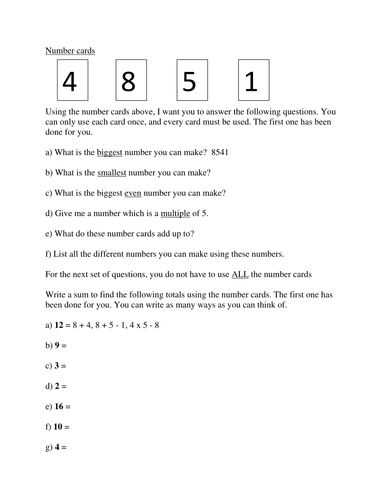 Using numbers cards, facts, adding, comparing