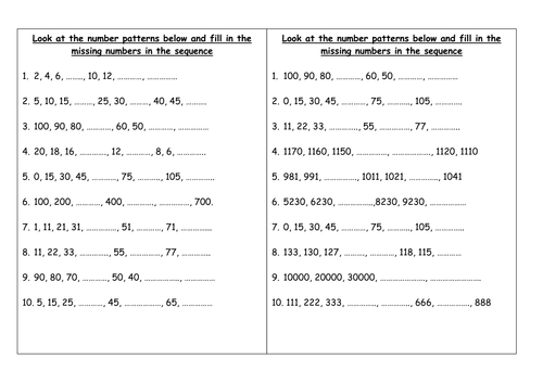 Complete the number patterns and sequences | Teaching ...