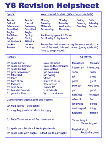 Revision sheet for hobbies