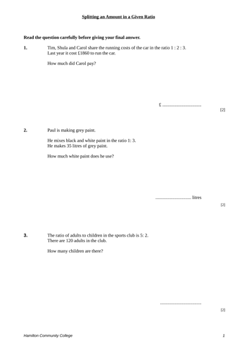 Ratio Dividing a Quantity Worksheets - KS3 / GCSE