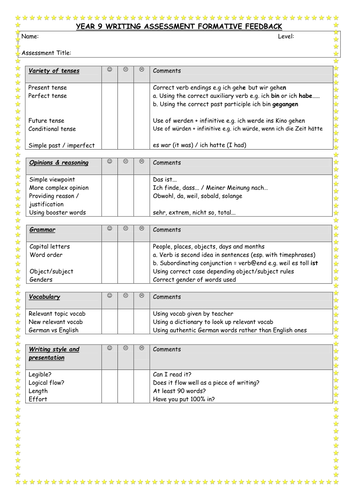 Year 9 Writing Feedback Sheet