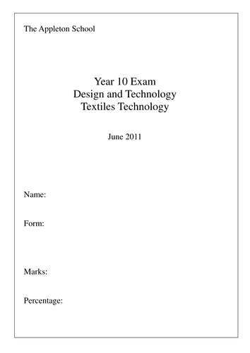Year 10 (or 11) Textiles mini exam/ test