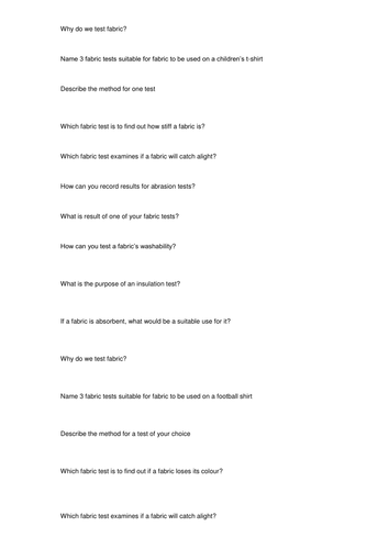 Fabric Testing plenary question quiz