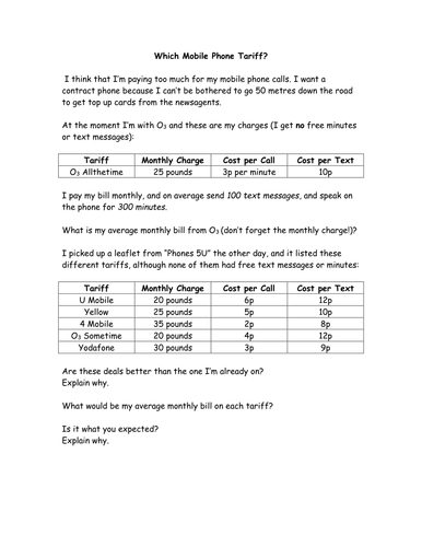 Which Phone Tariff? - Algebra KS3 /GCSE