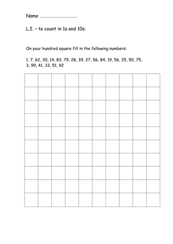 Filling In Empty Hundred Square Teaching Resources