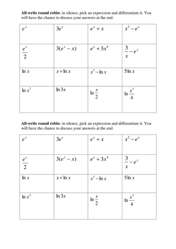 C3 Differentiating exp and ln Write Round Robin