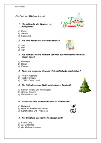 Ein Quiz Zur Weihnachtszeit By Rosered27 Teaching Resources Tes