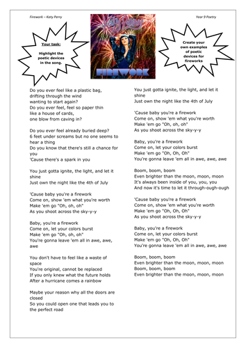 Firework By Katy Perry Finding Poetic Devices Teaching Resources