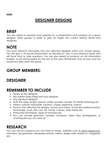 Designer Designs; A design based textiles project