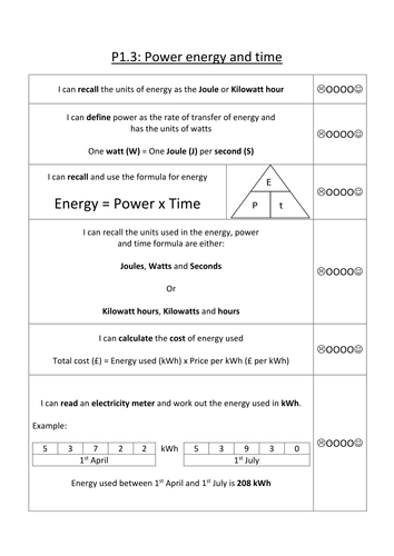 AQA P1.3 Power, energy and time summary sheet