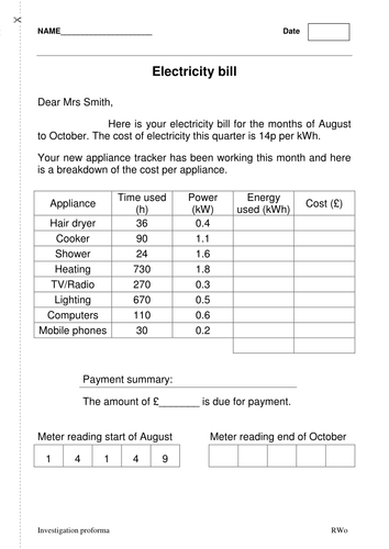 Energy bill from power, time and cost