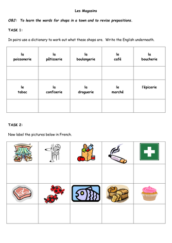 French shops, les magasins printable activities