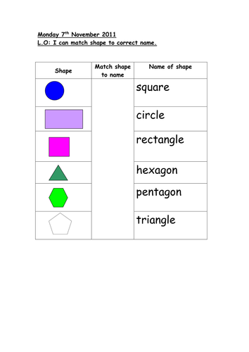 match 2d shape to name teaching resources