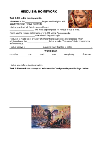 Basic information worksheet on Hinduism