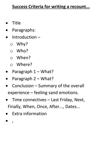 Recount Success Criteria Card