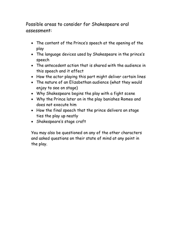 Romeo and Juliet Oral assessment for reading