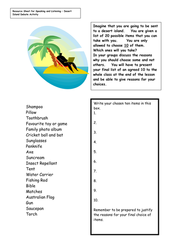 Desert Island Debate Teaching Resources