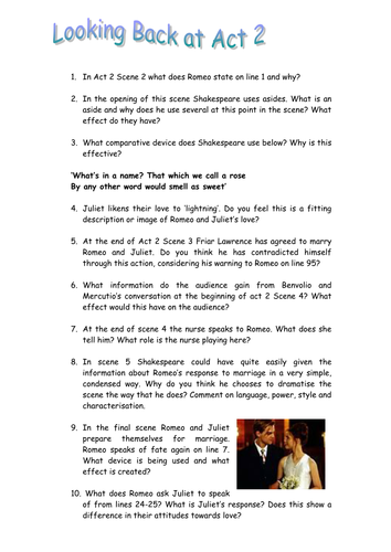 Romeo Juliet Act 2 Questions A Worksheet Teaching Resources