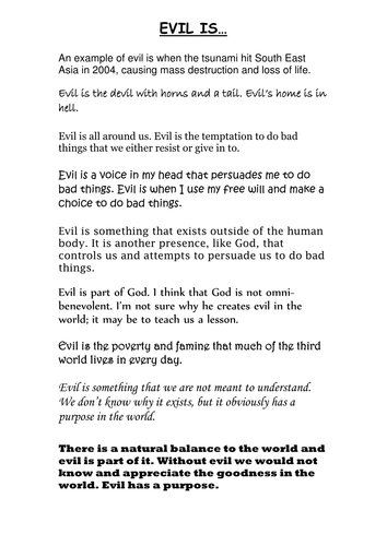 Evil is... worksheet - opinions on what evil is