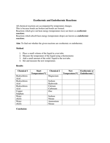 Worksheets Endothermic And Exothermic Worksheet exothermic and endothermic reactions experiment by missmunchie teaching resources tes