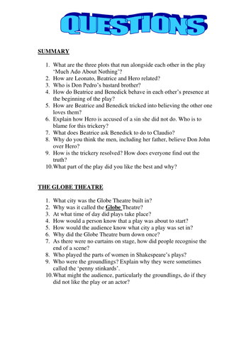 Much Ado About Nothing: Plot and Context Worksheet | Teaching Resources