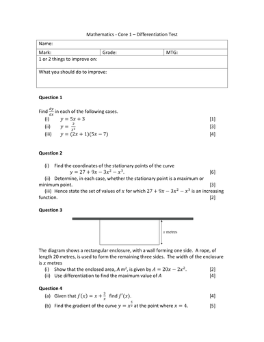 C1 Differentiation test | Teaching Resources