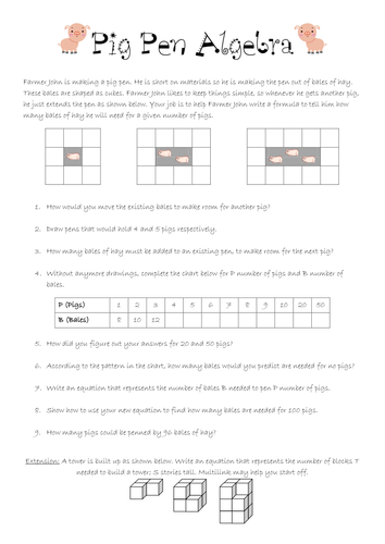 ks3 maths algebra worksheet pig pen teaching resources