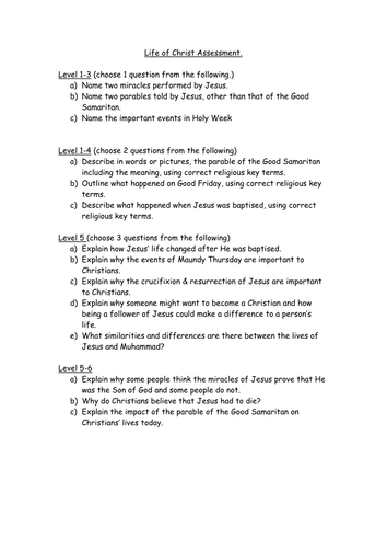 Life of Christ/Jesus assessment