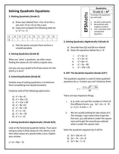 Gcse Maths Quadratics Graded Question Worksheet By Dcmoody79