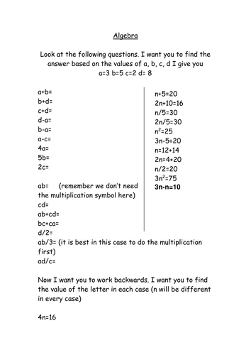 Algebra worksheets | Teaching Resources