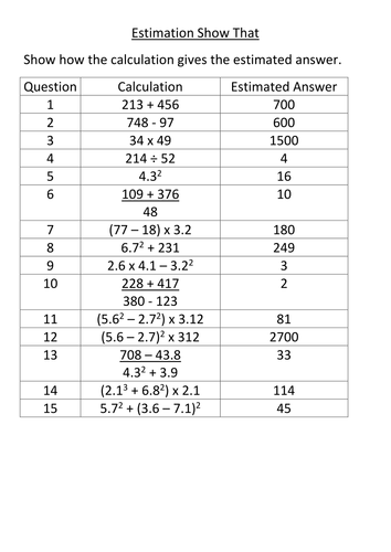 GCSE Maths:Estimation questions with answers sheet