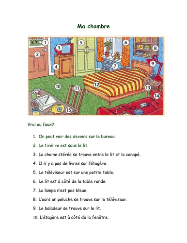 Ma chambre -  reading task with prepositions