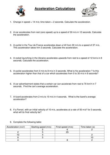 Acceleration calculation questions | Teaching Resources