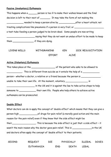 Passive and active euthanasia cloze activity | Teaching Resources