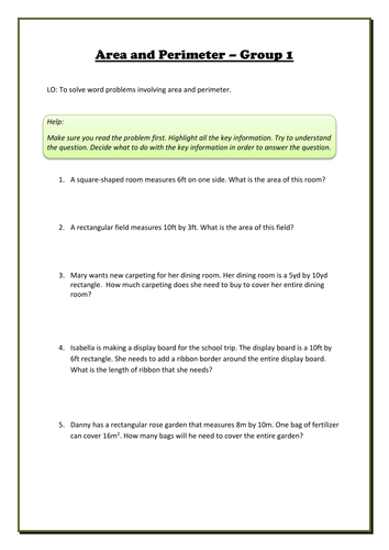 Area And Perimeter - Differentiated Word Problems | Teaching Resources