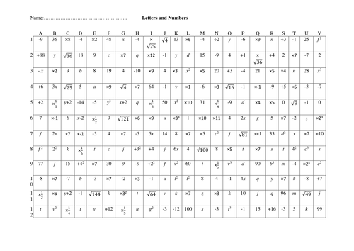 GCSE Maths: Game worksheet - Quickfire grid